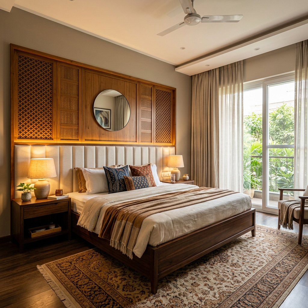 Luxury bedroom with custom bed and wooden accent wall