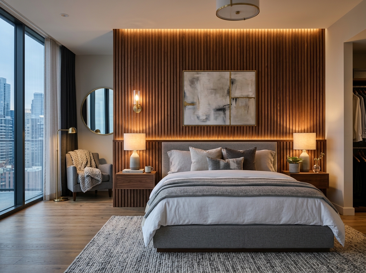 Elegant master bedroom showcasing a walnut wood slat accent headboard
