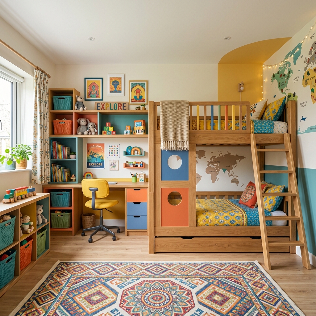 Children bedroom with custom bunk bed and study area