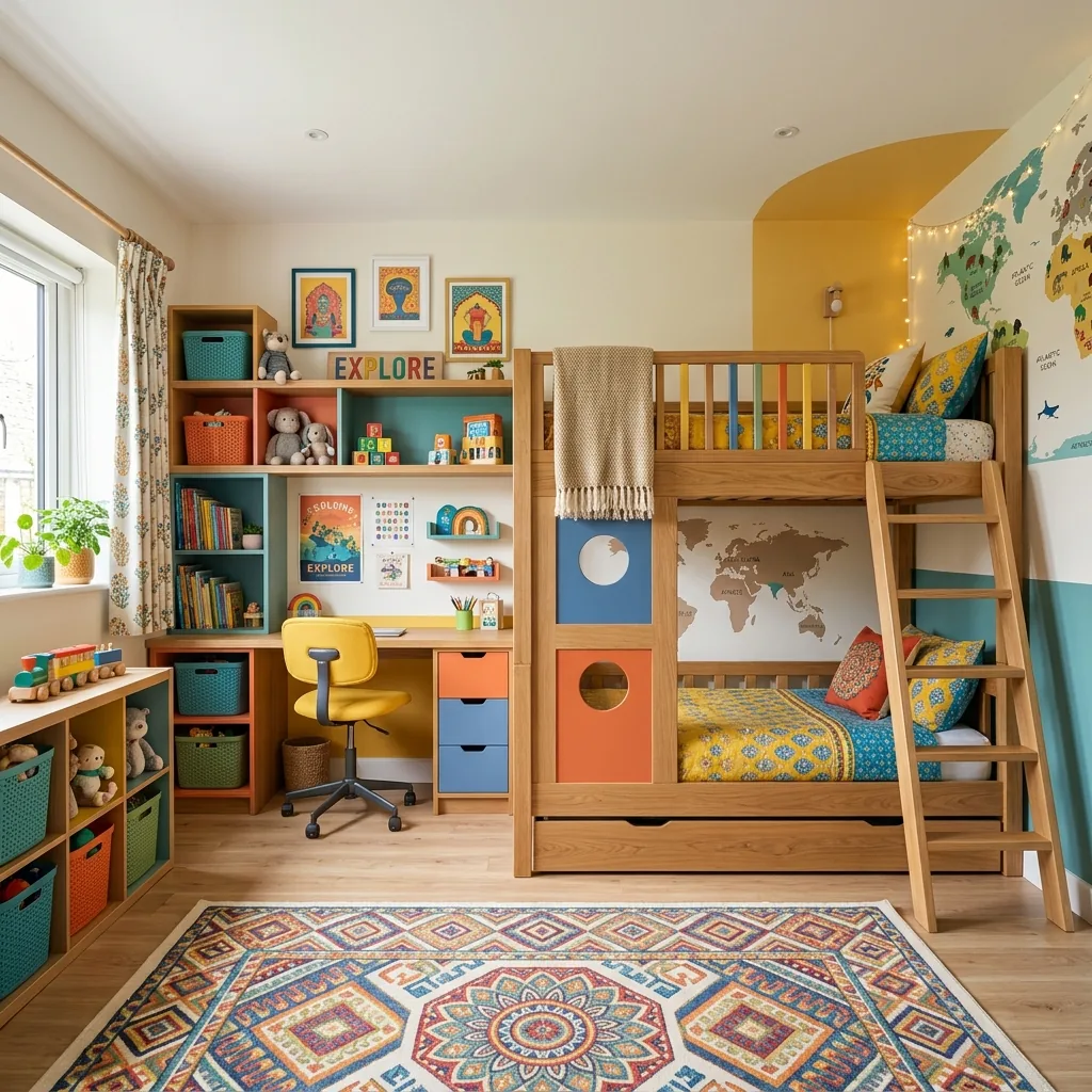 Children bedroom with custom bunk bed and study area