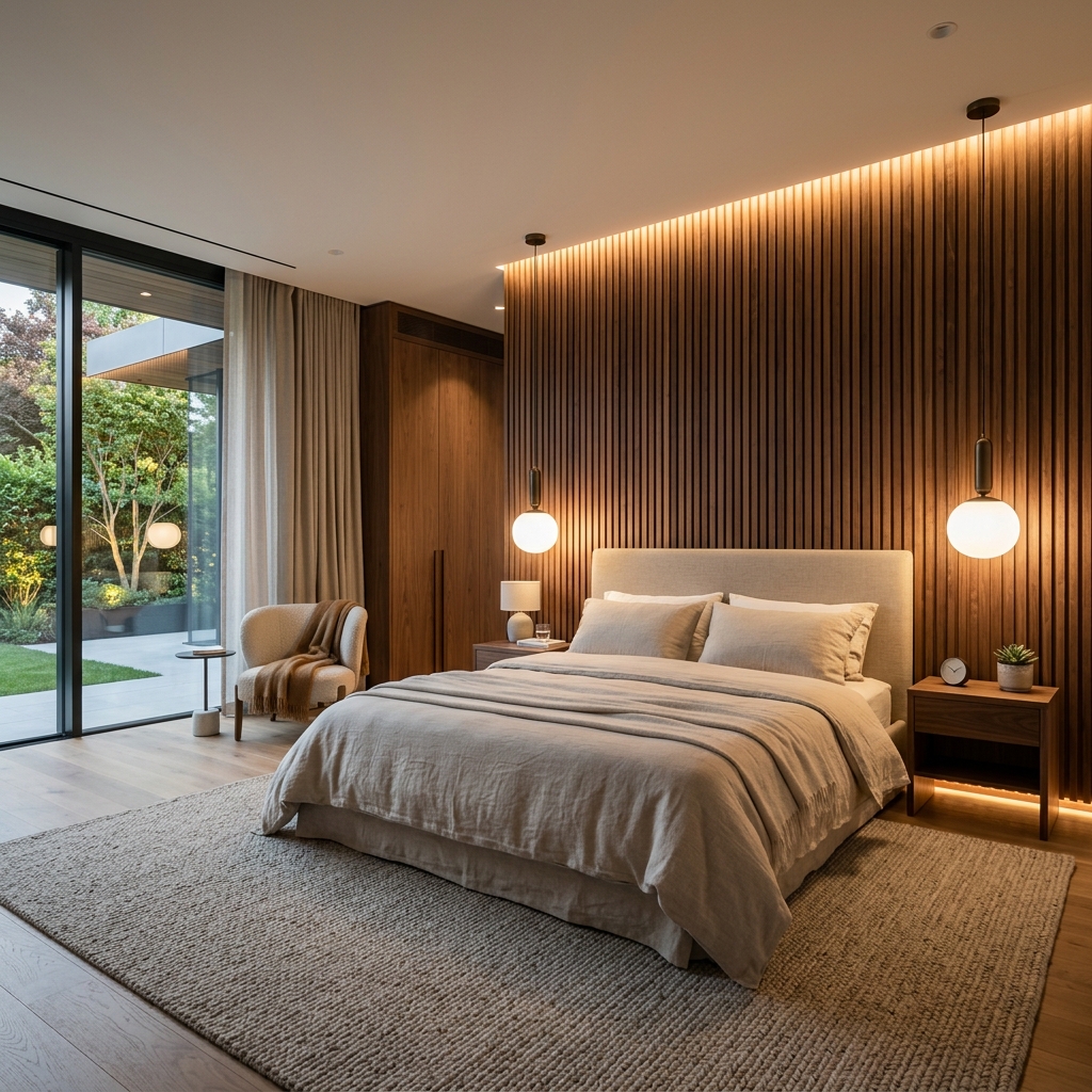 Luxury master bedroom with walnut wood slat accent wall