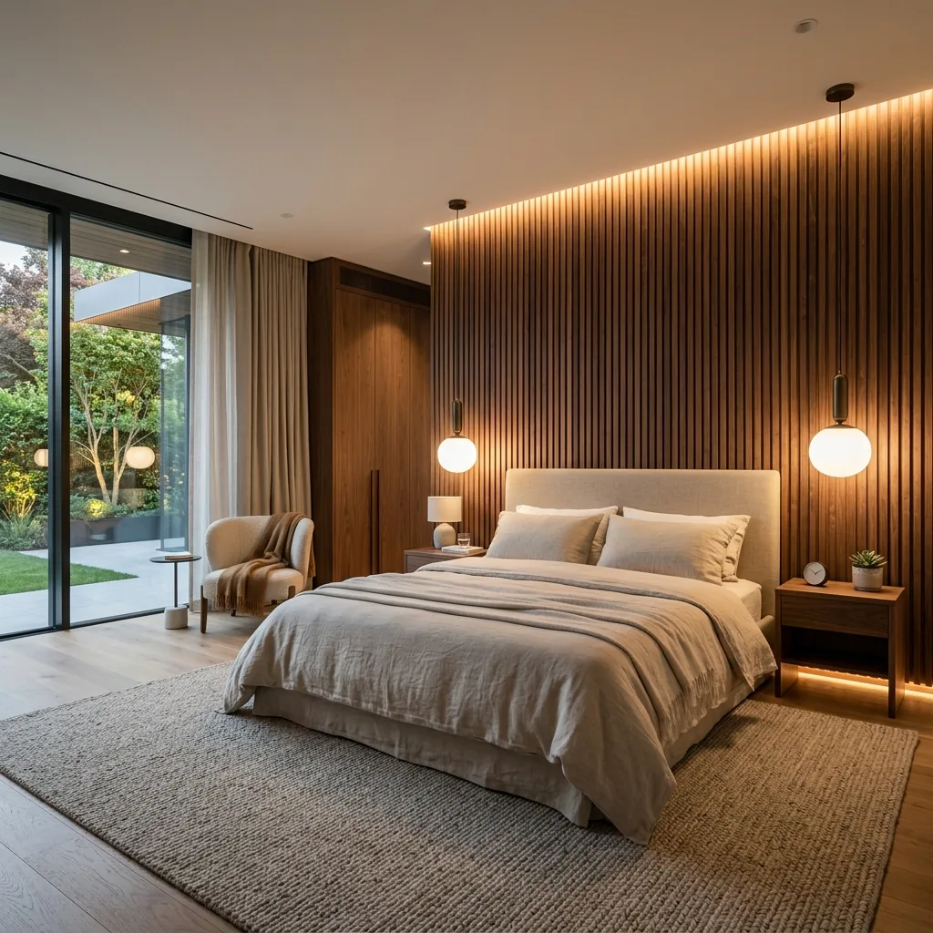Luxury master bedroom with walnut wood slat accent wall