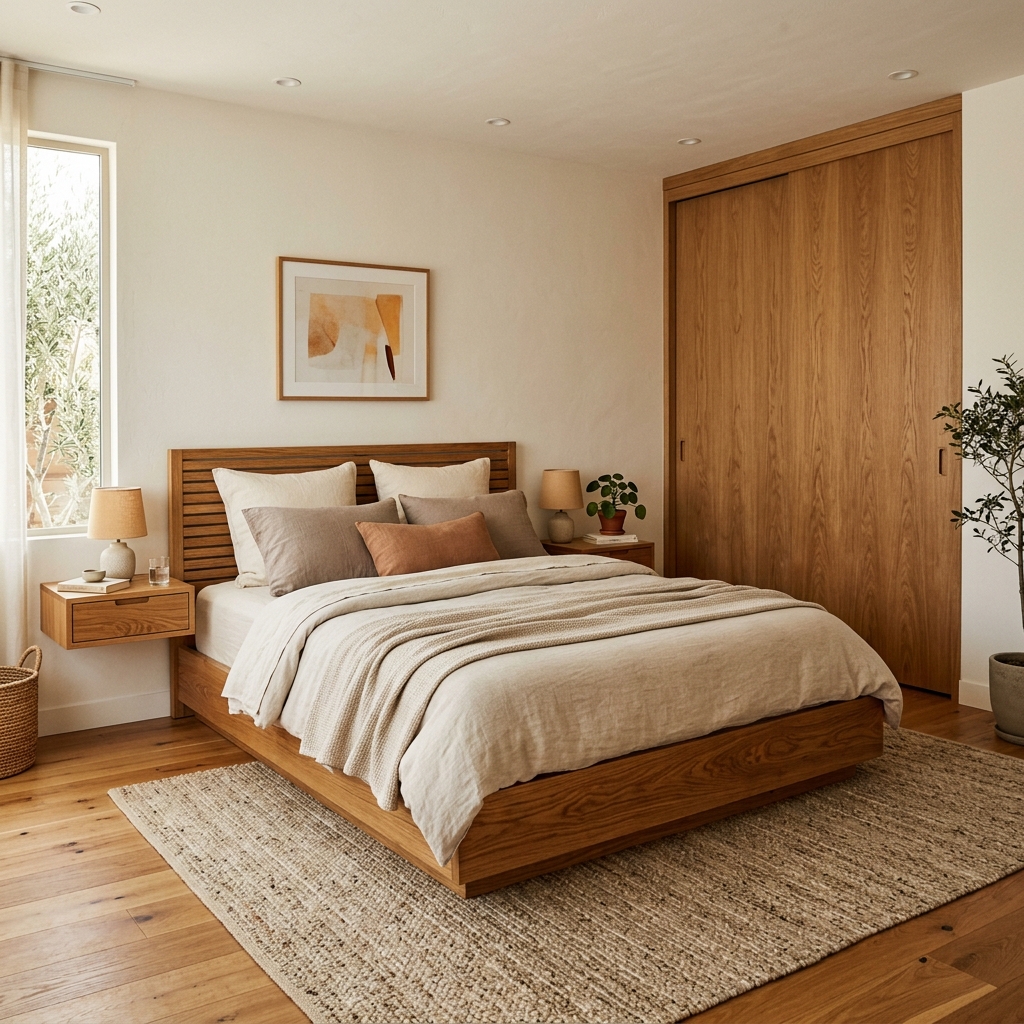 Elegant master bedroom custom built oak platform bed