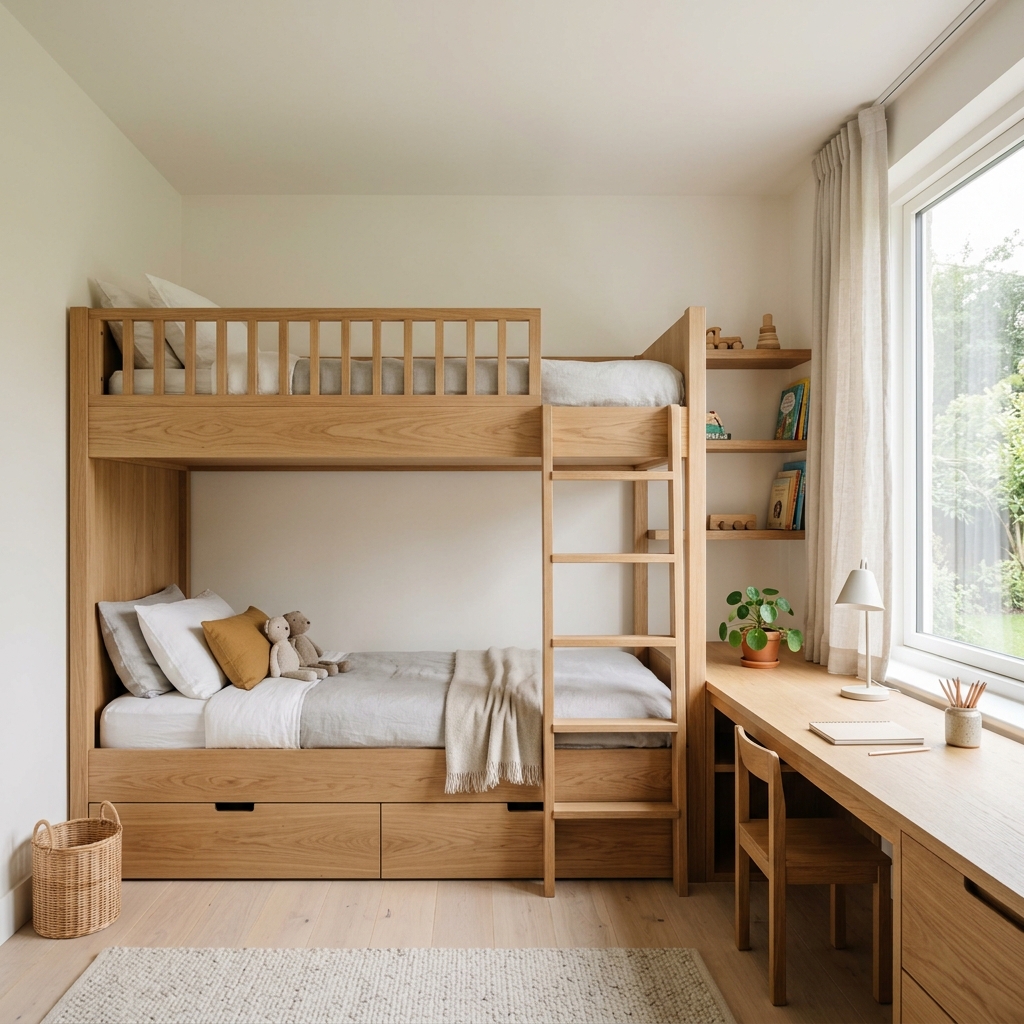 Children bedroom with custom built-in bunk bed and study desk