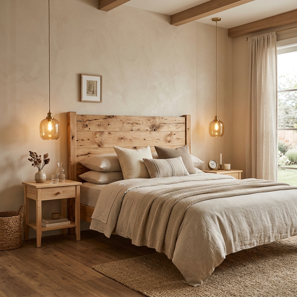 Cozy guest bedroom with custom rustic pine wood headboard