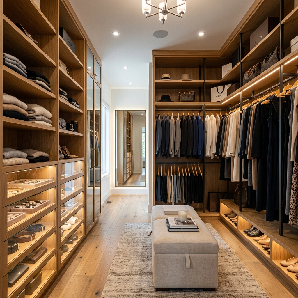 Luxury walk-in closet with custom oak wardrobe shelving