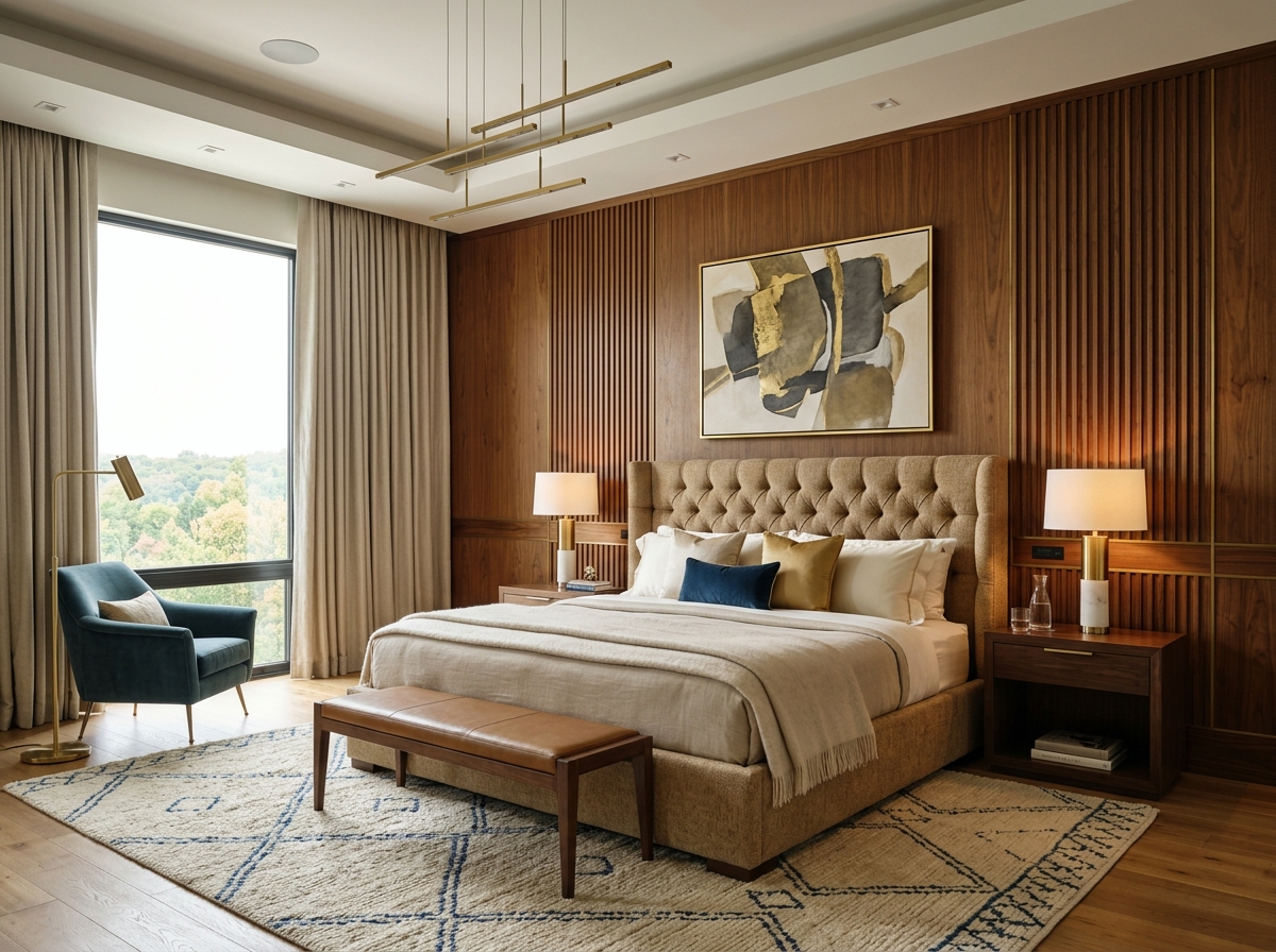 Luxury master bedroom with customized upholstered bed and wood paneling