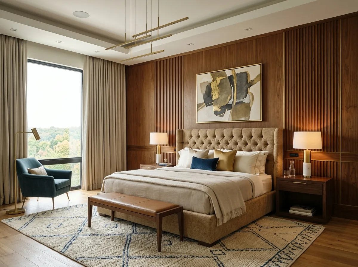 Luxury master bedroom with customized upholstered bed and wood paneling
