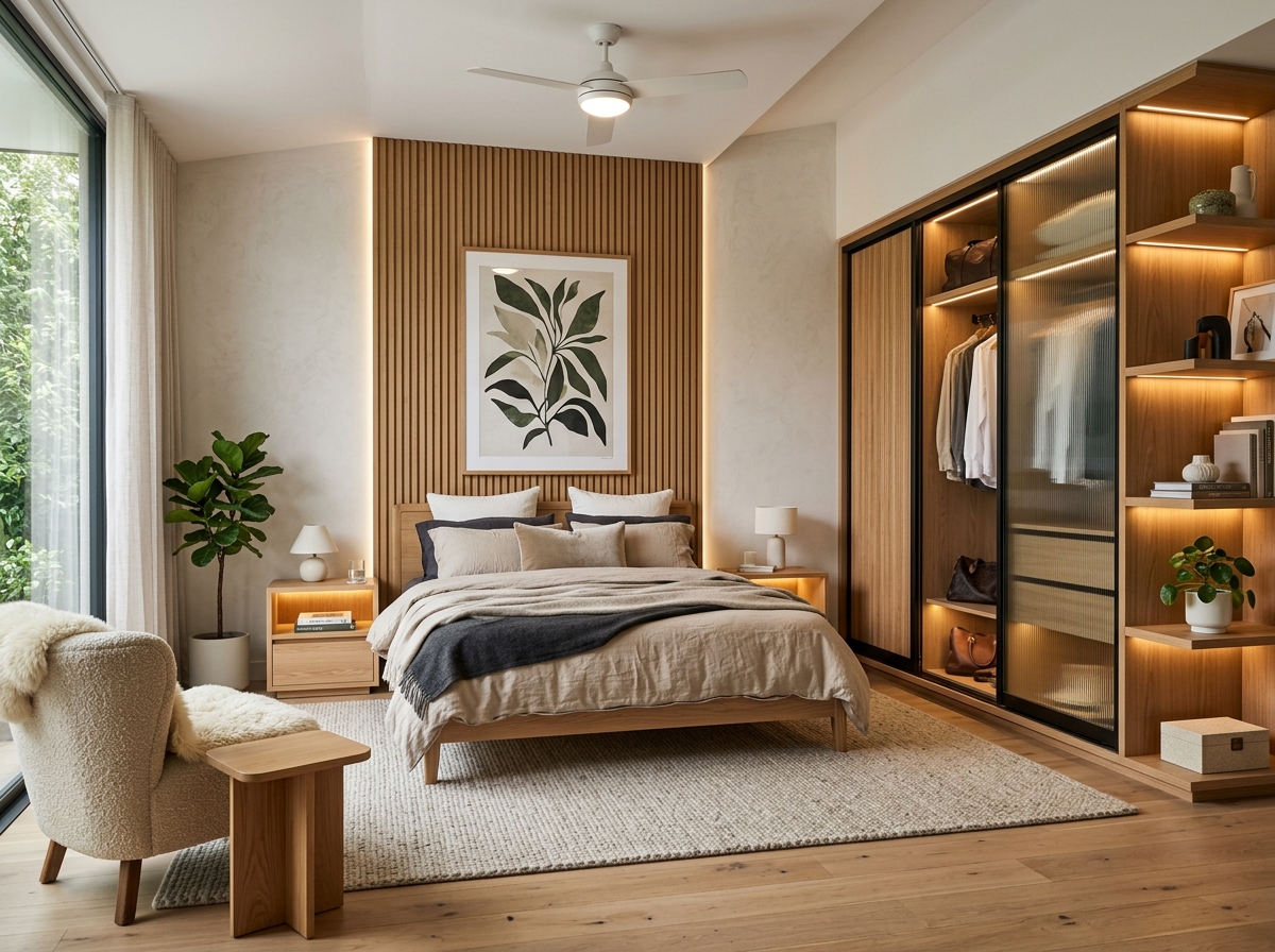 Modern bedroom with oak wood slat accents and custom wardrobe