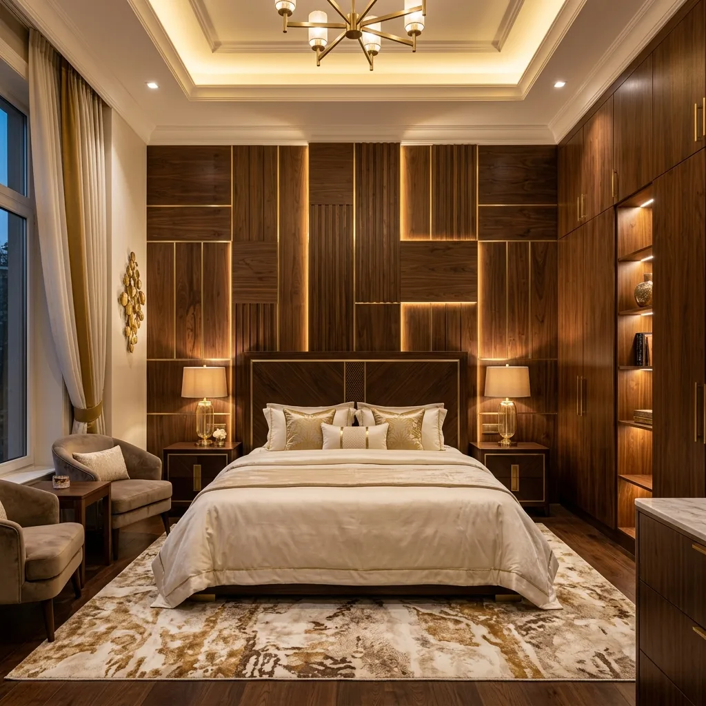Master bedroom with wooden wall paneling
