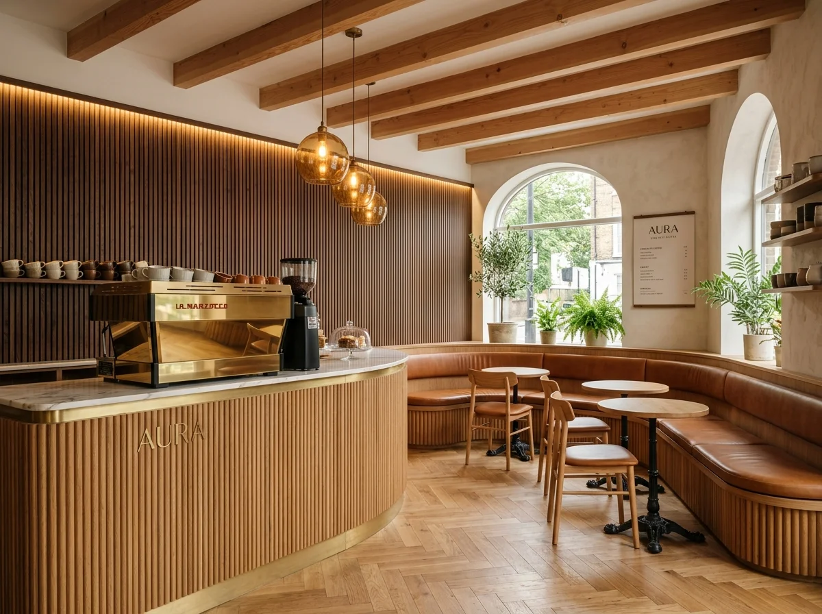 Boutique café interior with custom woodwork and seating