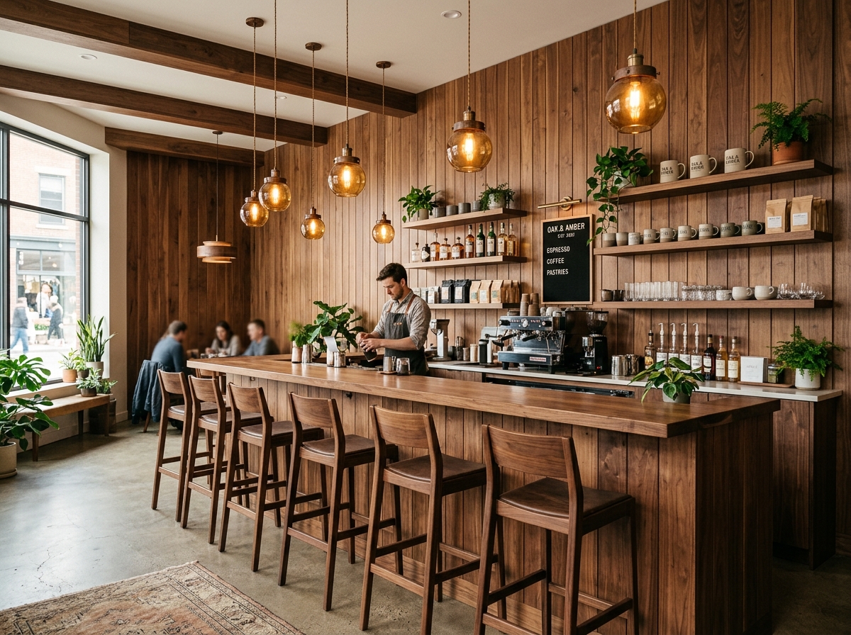 Stylish café with custom wooden bar counter and wall paneling