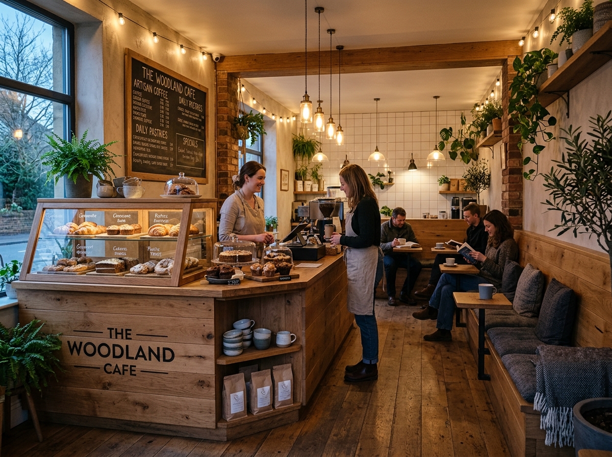 Cozy artisan café with wooden display counter and bench seating