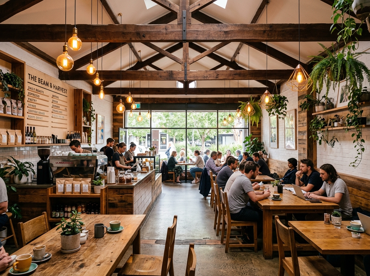 Café ceiling with exposed wooden beam design and pendant lights