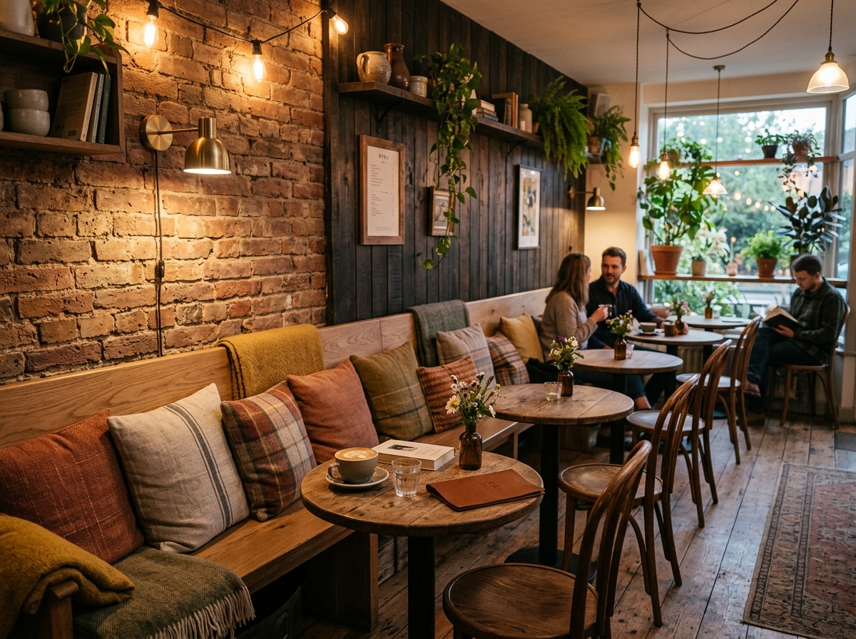 Handcrafted wooden bench seating in cozy café corner