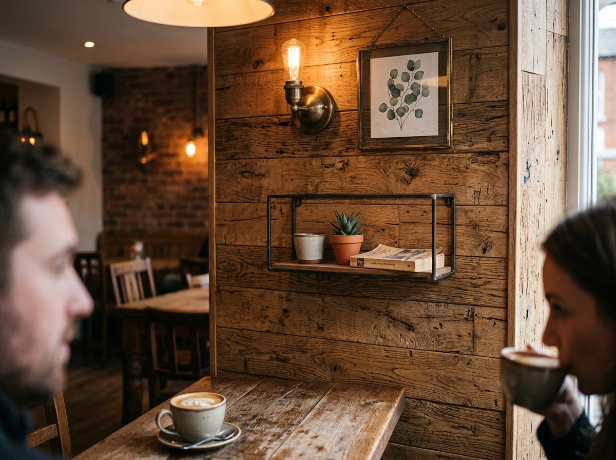 Wooden wall paneling detail with warm lighting in café