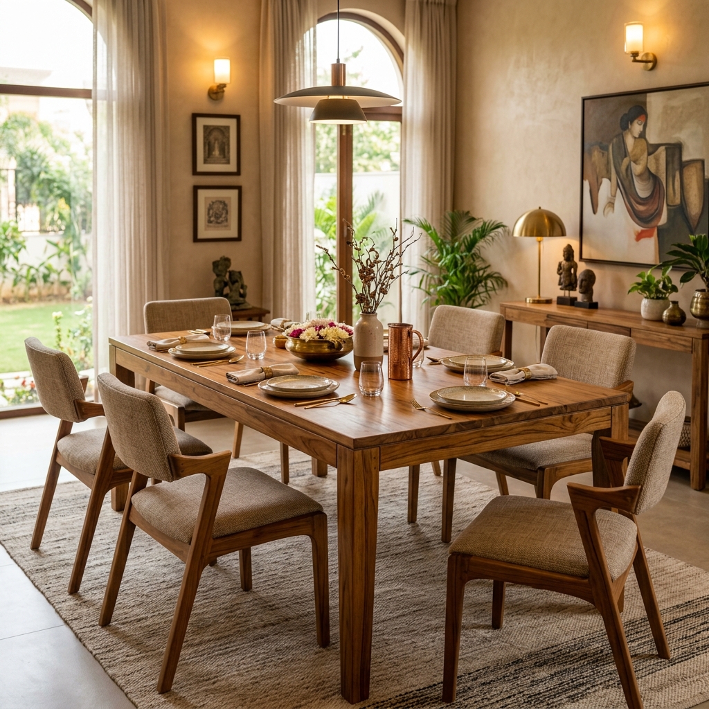 Solid teak wood dining table with six elegant chairs