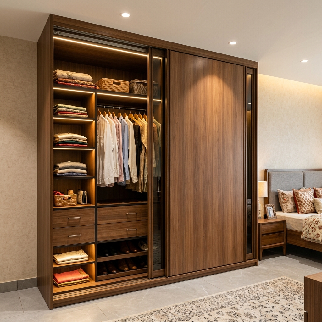 Custom-built wooden wardrobe with sliding doors