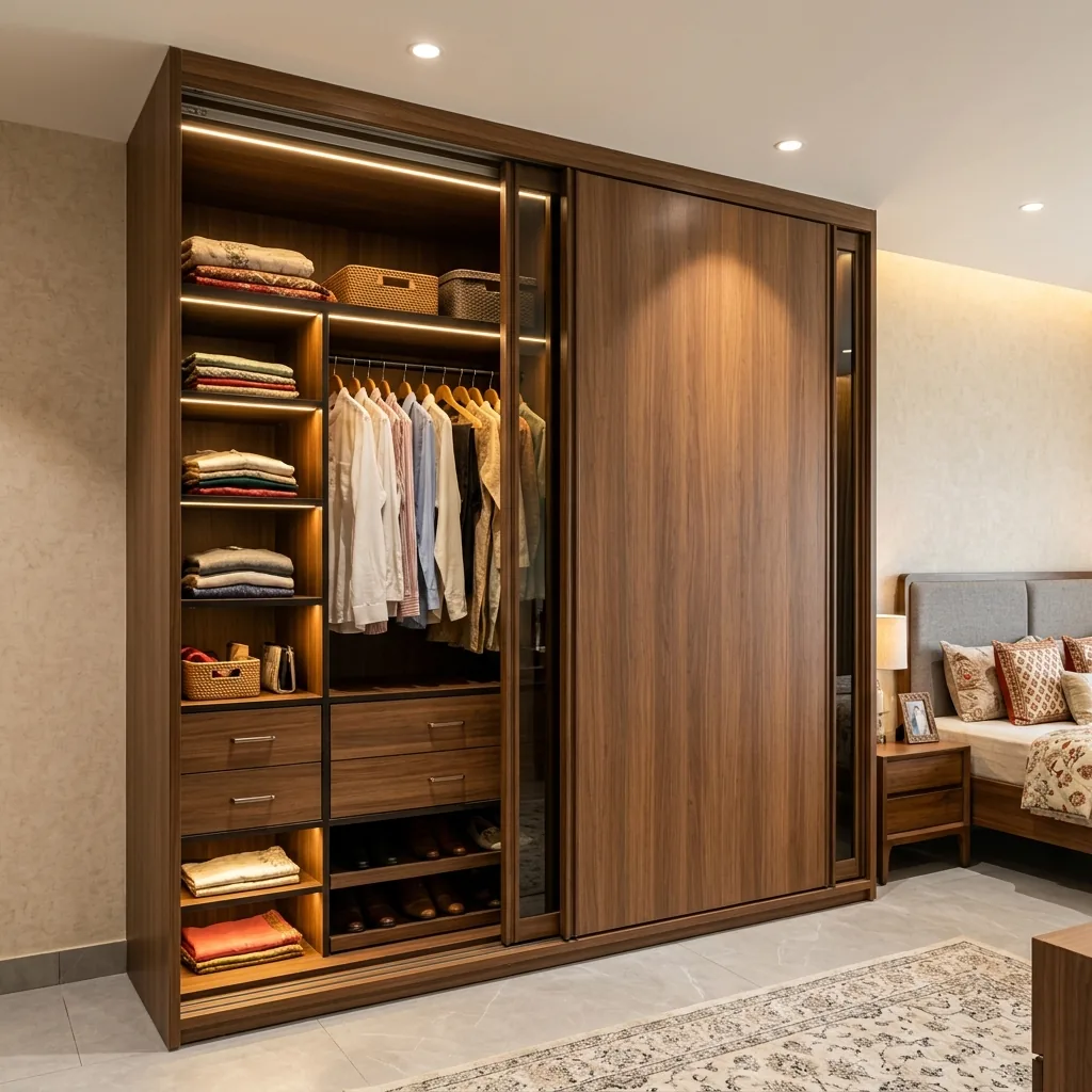 Custom-built wooden wardrobe with sliding doors