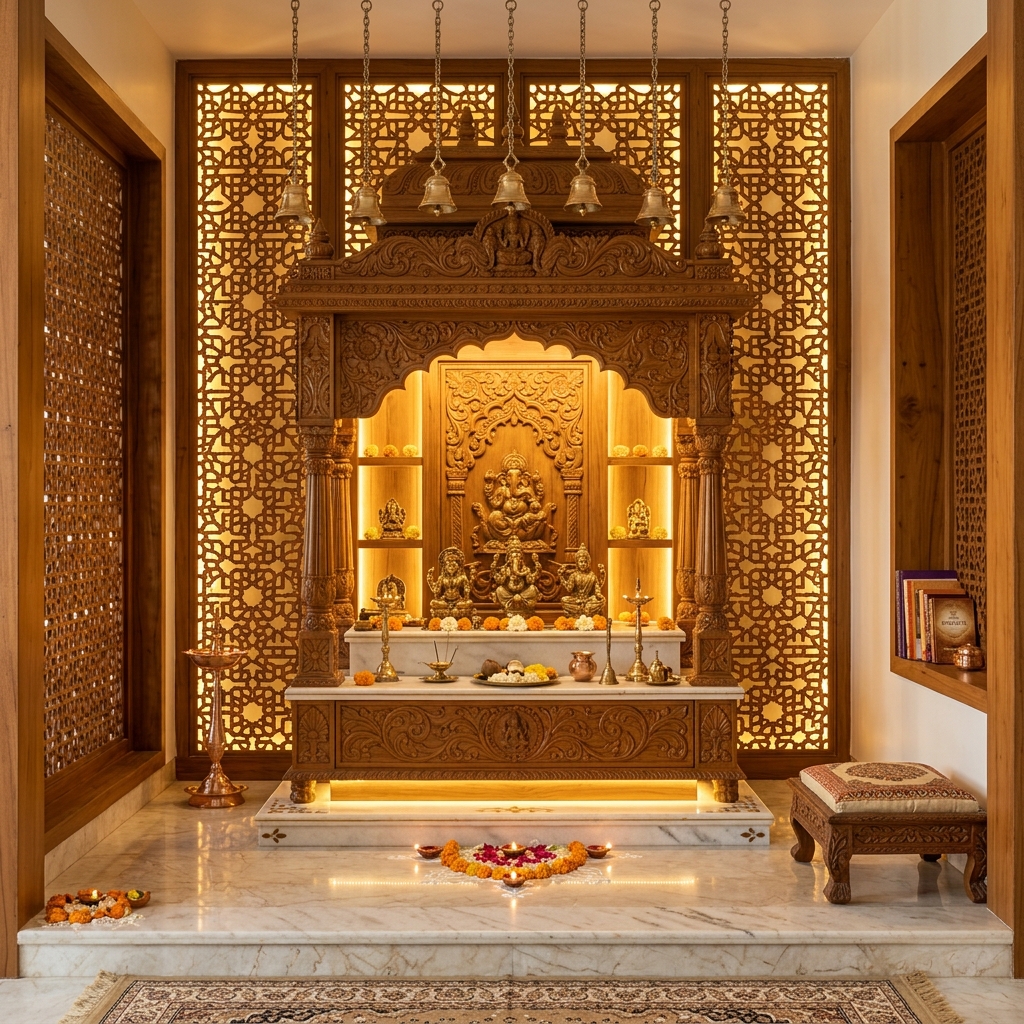 Intricate jali woodwork pattern in prayer room