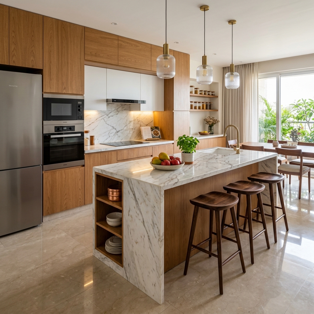 Modern island kitchen with marble countertop