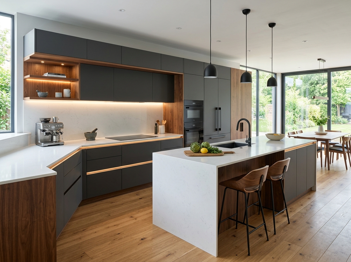Modern luxury kitchen in dark charcoal grey and walnut