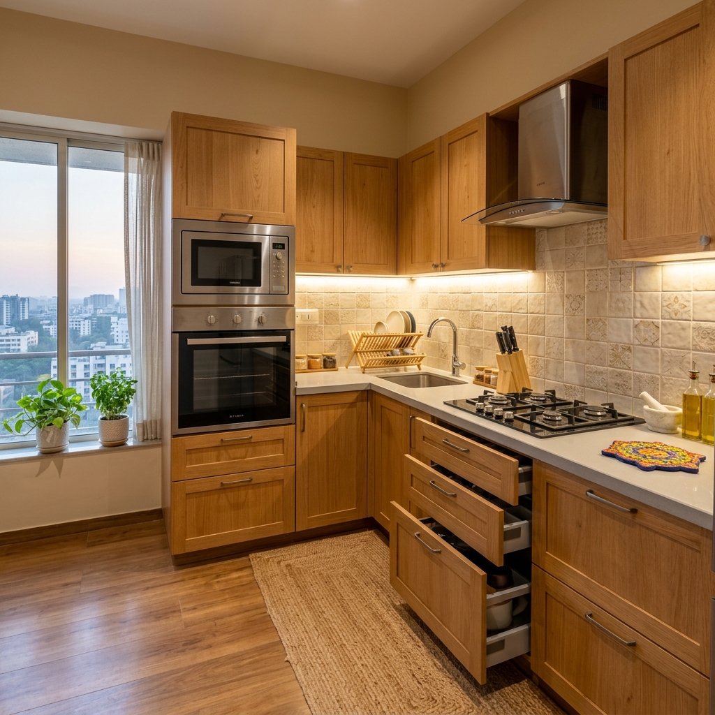 Compact L-shaped kitchen with under-cabinet lighting