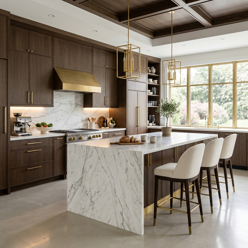 Modern dark oak modular kitchen with marble island