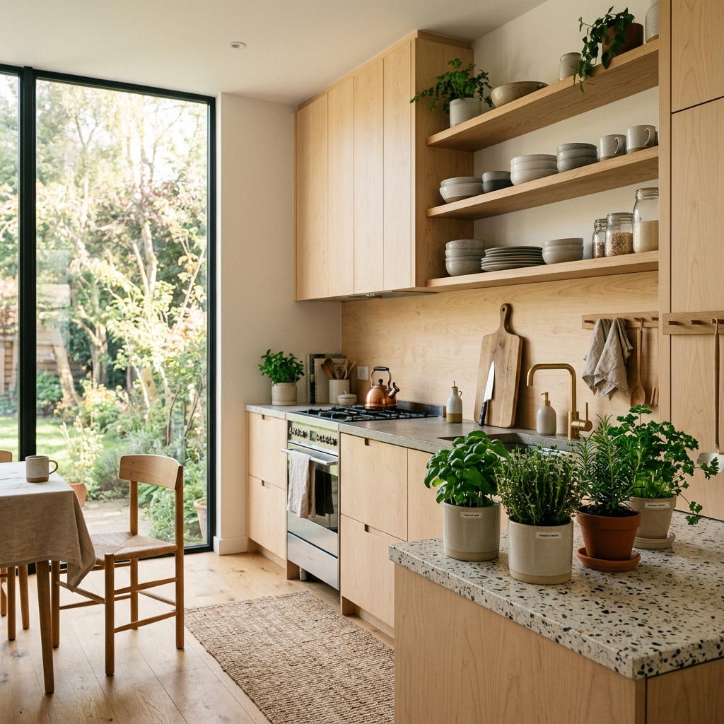 Scandinavian style light wood kitchen with morning light