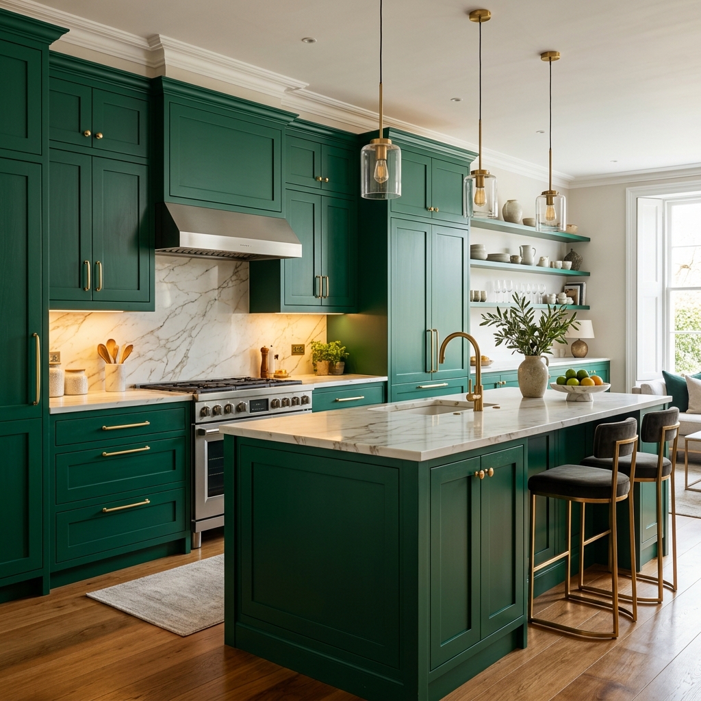 Luxury emerald green modular kitchen with gold accents
