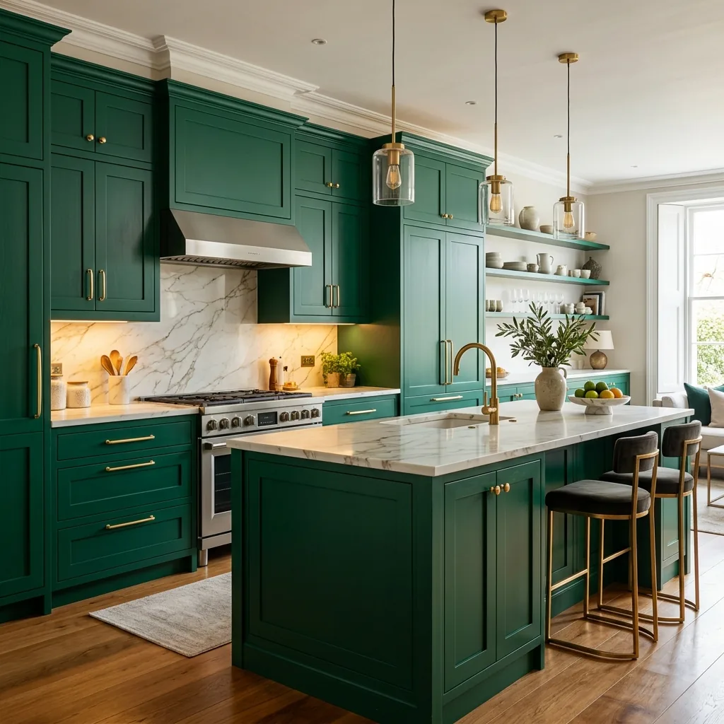 Luxury emerald green modular kitchen with gold accents
