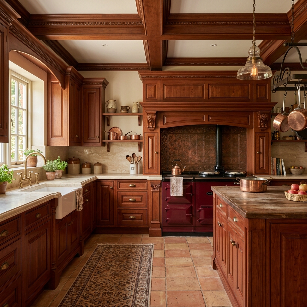 Cozy traditional kitchen with warm cherry wood cabinetry