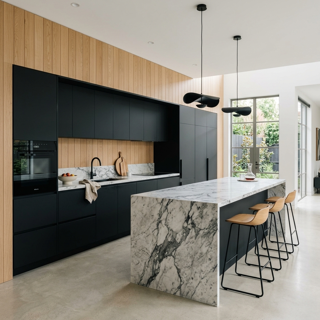 Sleek matte black contemporary modular kitchen