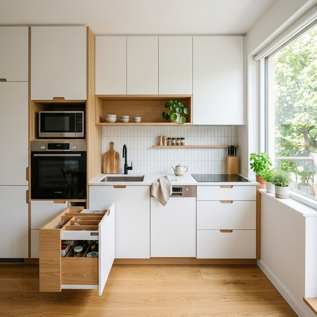 Modern compact modular kitchen with white oak cabinets