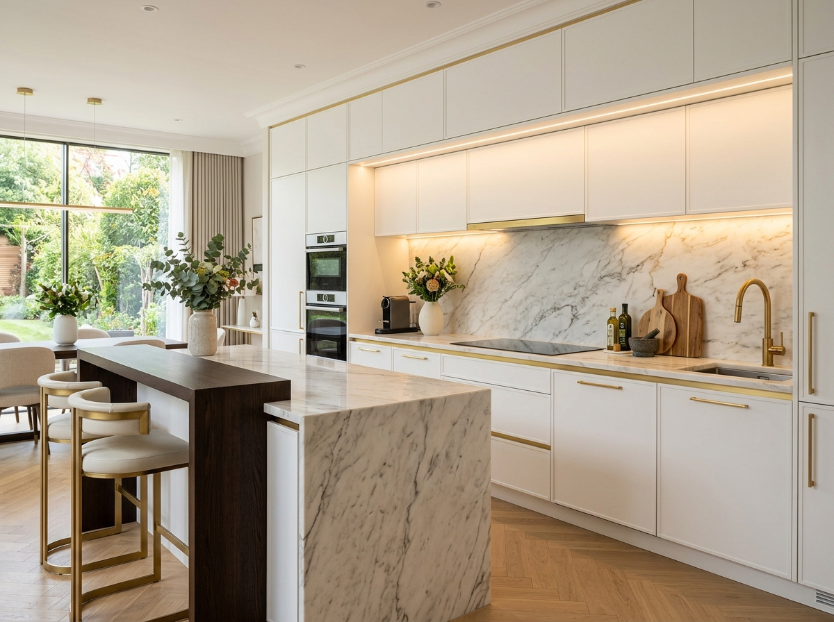 Premium modern modular kitchen with elegant white and gold cabinets