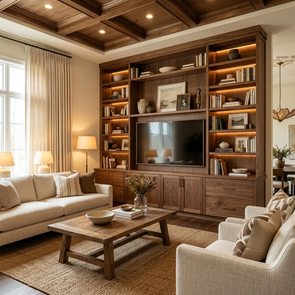 Living room with custom wooden entertainment unit