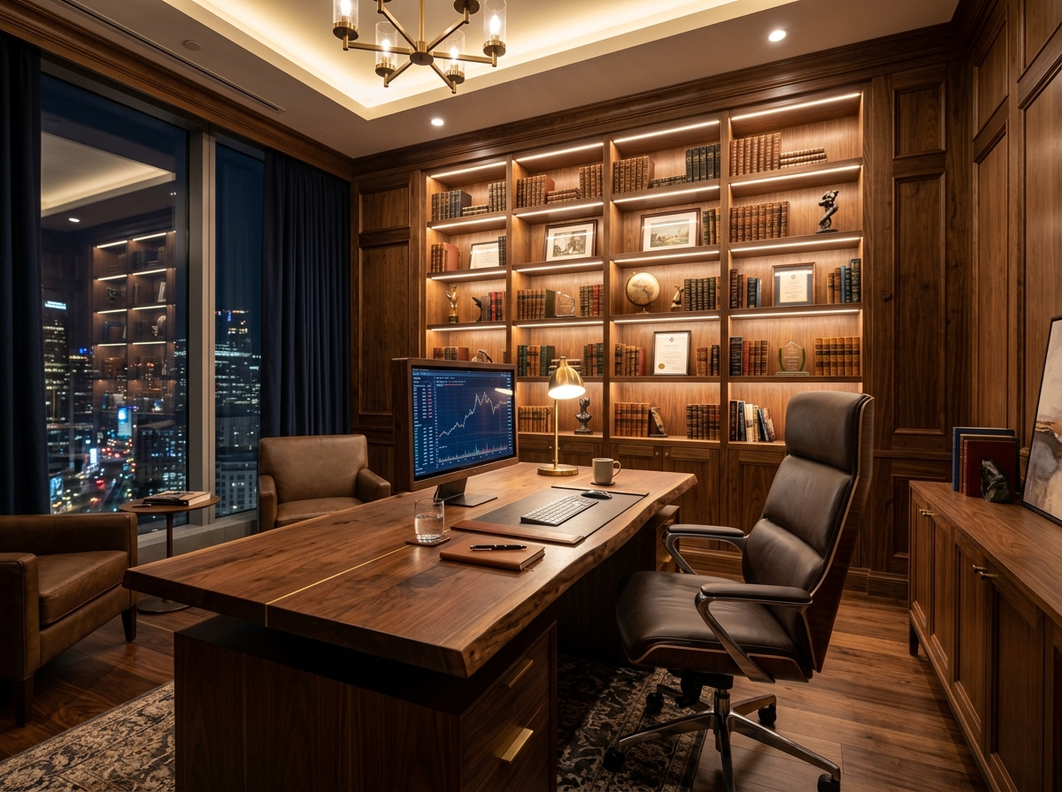 Luxury executive cabin with custom wooden desk and bookshelves