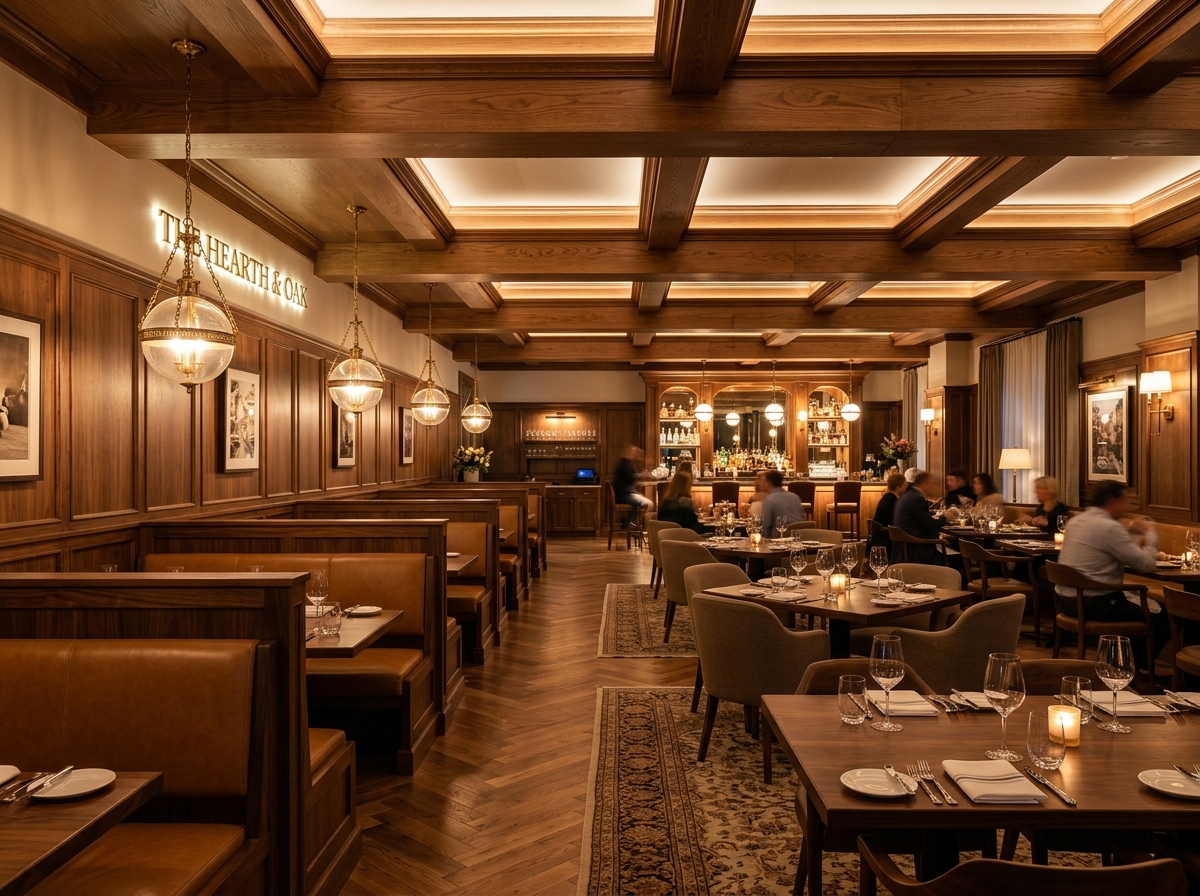 Upscale restaurant with custom wooden booth seating and coffered ceiling