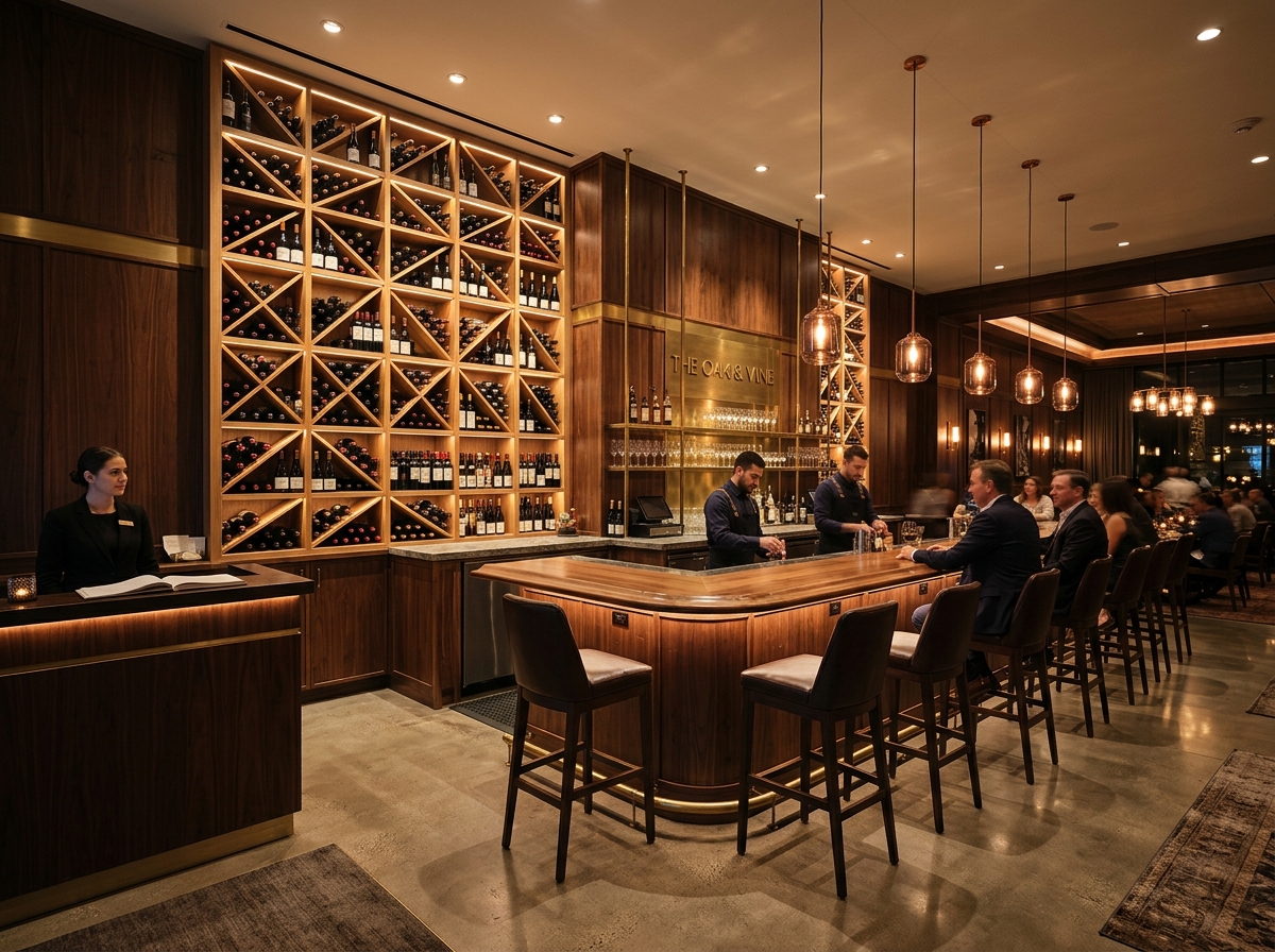 Restaurant bar area with custom wooden counter and wine rack display