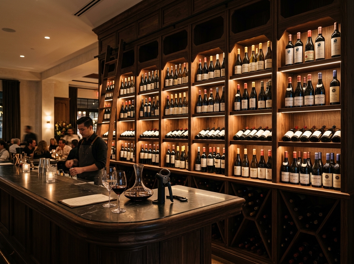 Wooden wine rack display wall in restaurant bar area