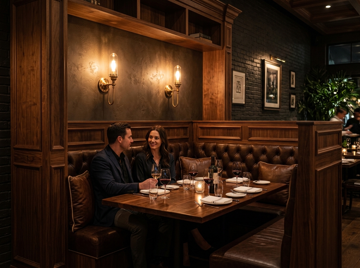Custom wooden booth seating with upholstered cushions