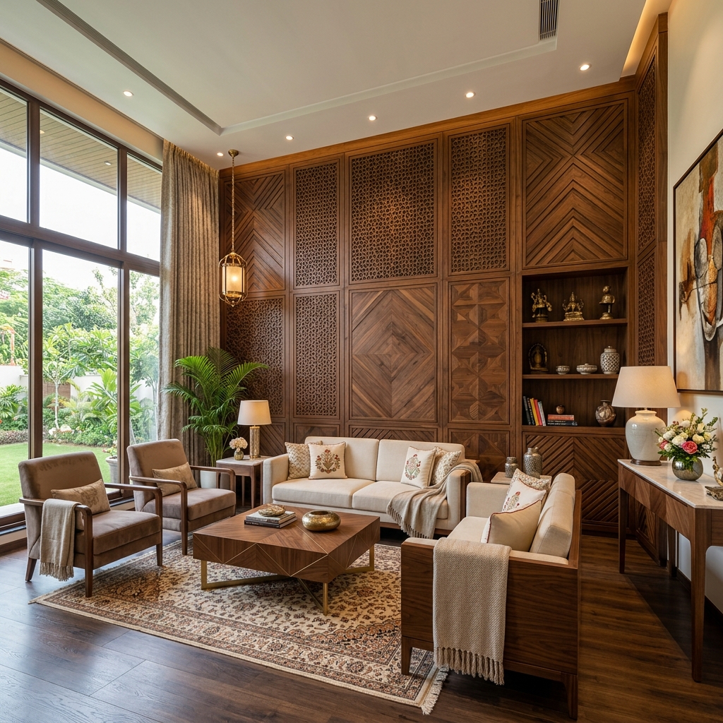 Luxurious living room with geometric wooden wall paneling