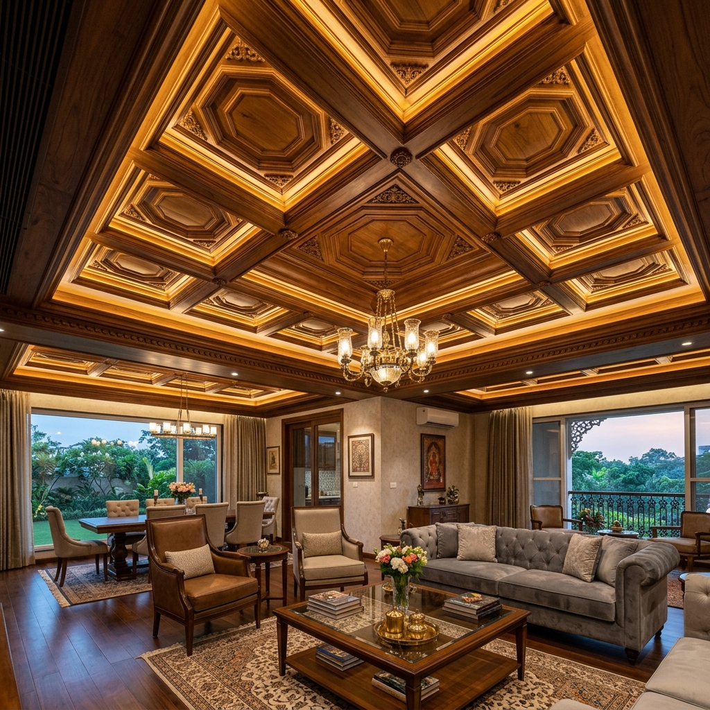 Custom coffered wooden ceiling with recessed LED lighting