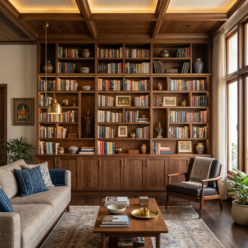Floor-to-ceiling custom wooden bookshelf in living room
