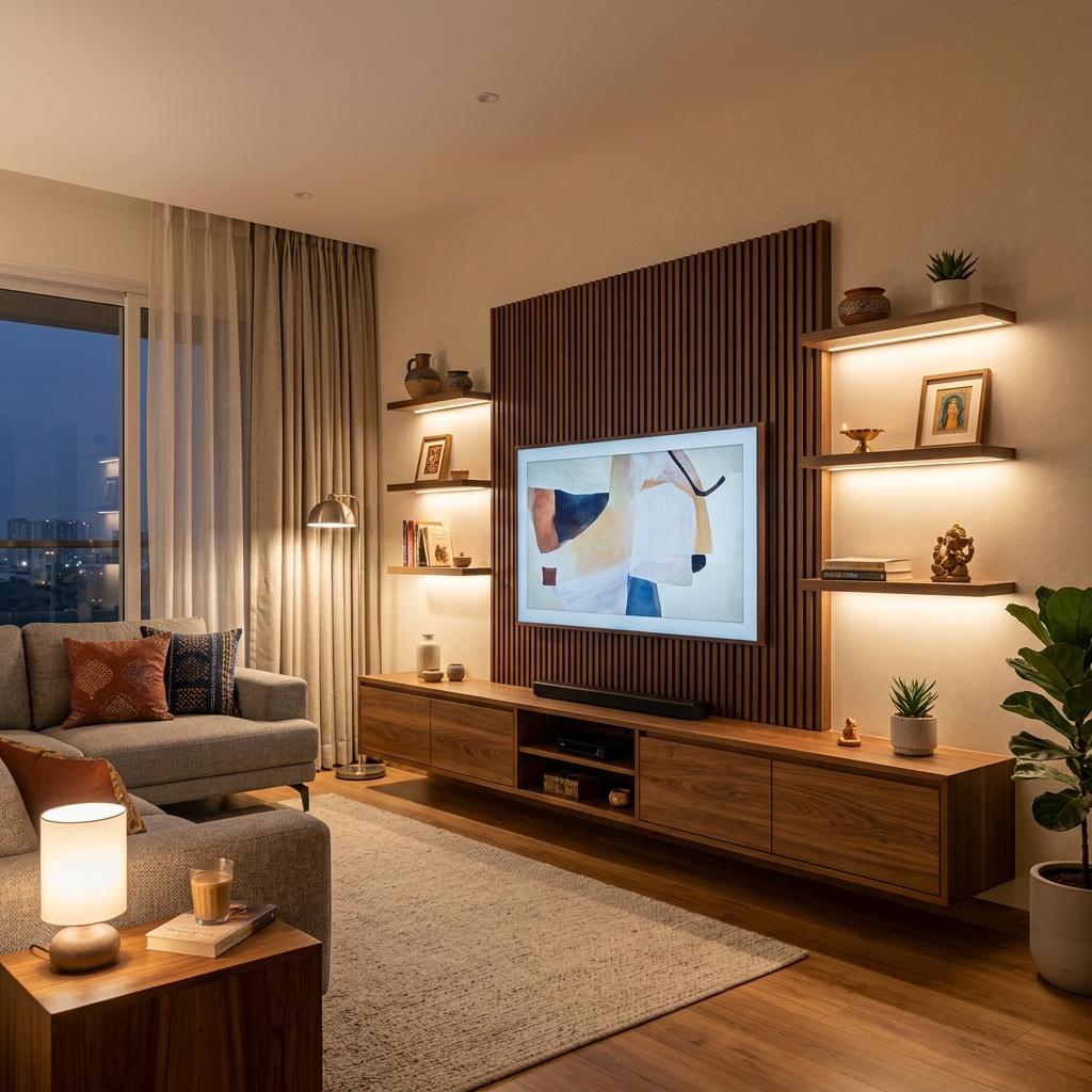Custom TV unit with floating shelves and LED backlight